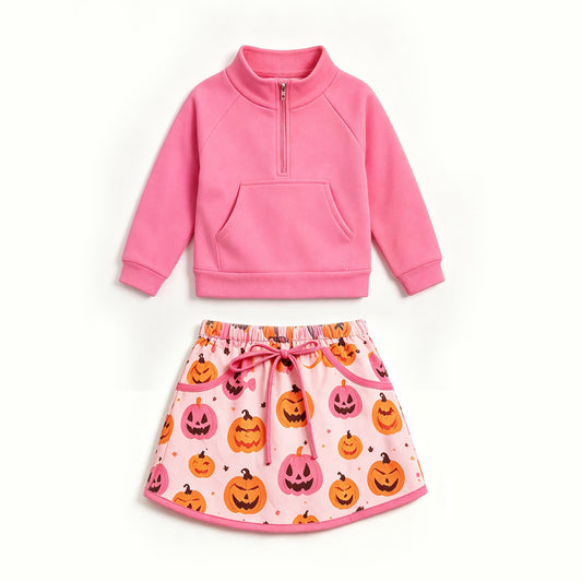 Preorder moq 5 Baby Girls Pink Zip Pocket Top Ghost Pumpkins Skirt Short Yoga Active Halloween Set