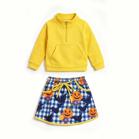Preorder moq 5 Baby Girls Yellow Zip Pocket Top Ghost Pumpkins Skirt Short Yoga Active Halloween Set