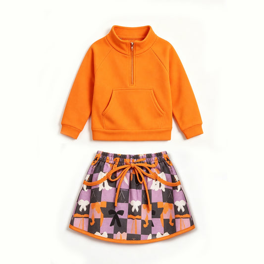 Preorder moq 5 Baby Girls Orange Zip Pocket Top Ghost Bows Skirt Short Yoga Active Halloween Set
