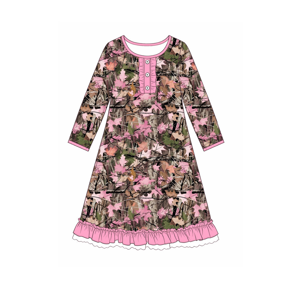 Preorder moq 5 Baby Girls Pink Brown Leaves Camo Button Ruffle Knee Length Dresses