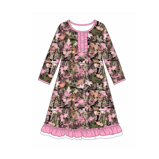 Preorder moq 5 Baby Girls Pink Brown Leaves Camo Button Ruffle Knee Length Dresses