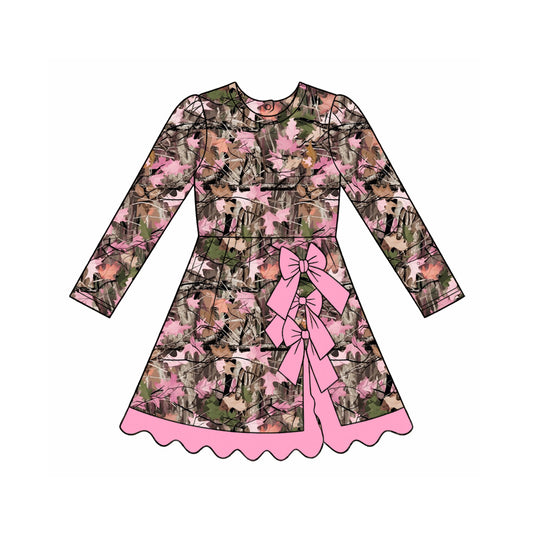 Preorder moq 5 Baby Girls Leaves Camo Yoga Active Short Bows Scallop Knee Length Dress