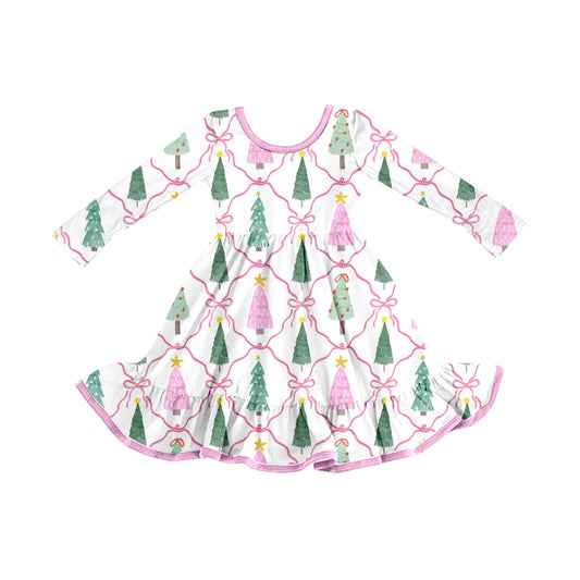 Preorder moq 5 Baby Girls Bows Trees Checked Christmas Ruffle Knee Length Dress