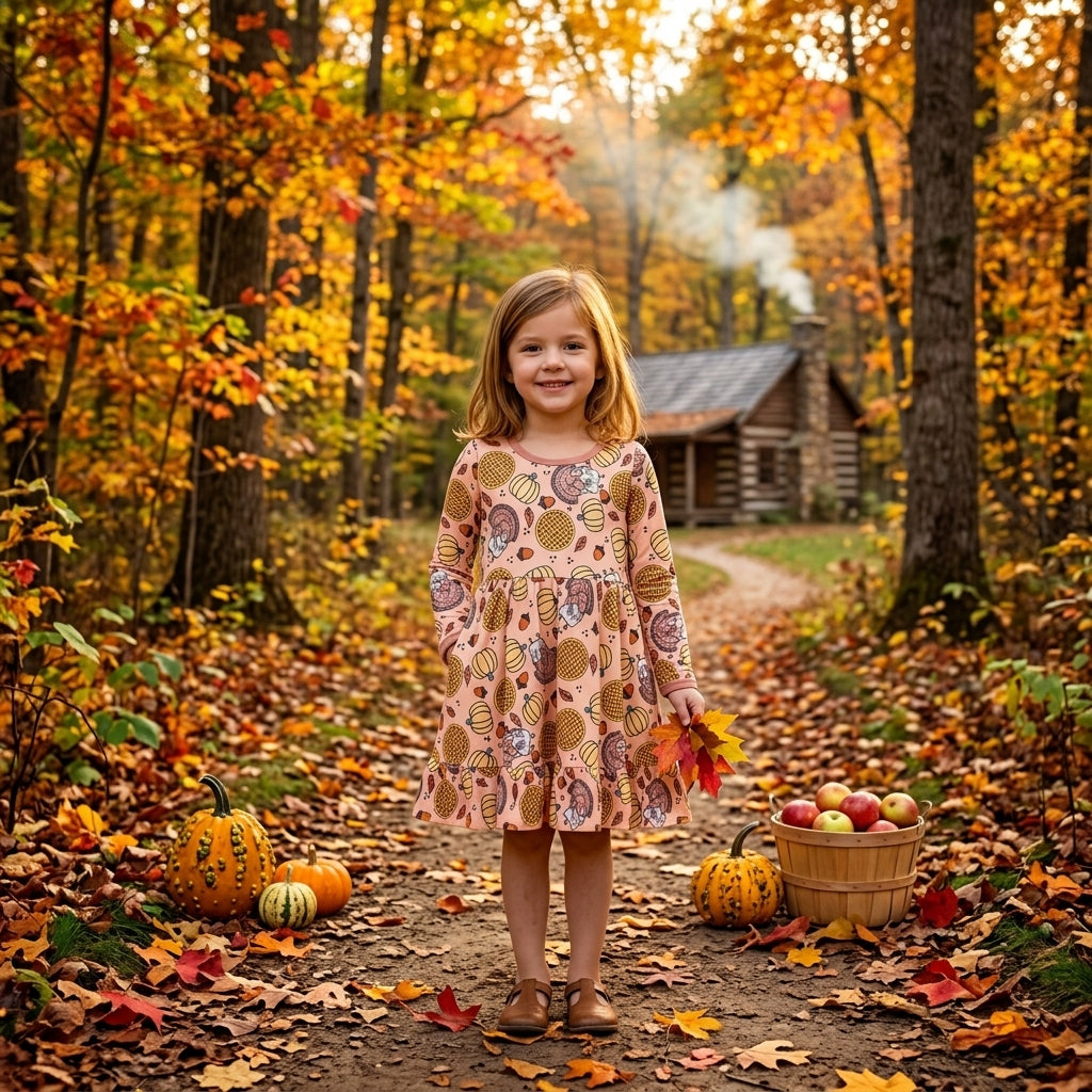 Baby Girls Pumpkins Turkey Thanksgivings Ruffle Knee Length Dress