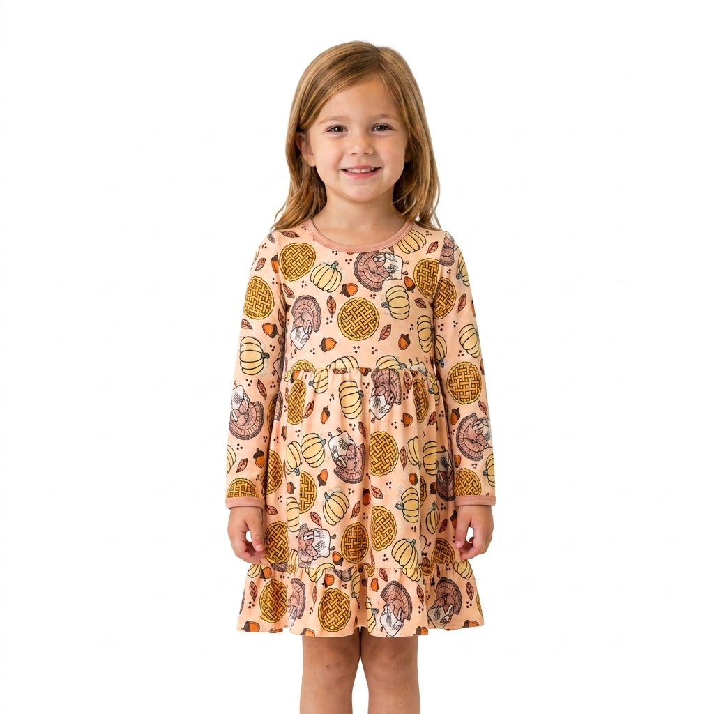 Baby Girls Pumpkins Turkey Thanksgivings Ruffle Knee Length Dress