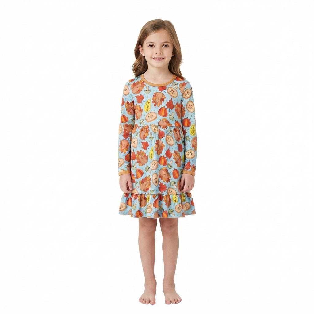Baby Girls Pumpkins Turkey Thanksgivings Ruffle Knee Length Dress
