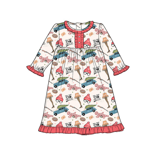 Preorder moq 5 Baby Girls Christmas Story Button Ruffle Knee Length Dress