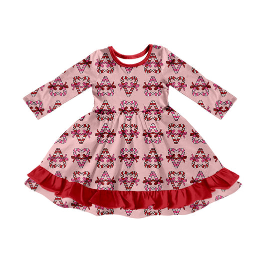 Preorder moq 5 Baby Girls Bows Candy Cane Christmas Ruffle Knee Length Dress