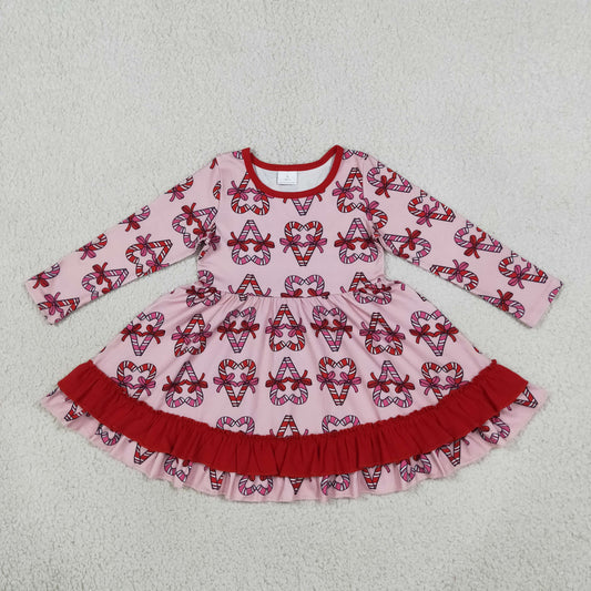 Baby Girls Bows Candy Cane Christmas Ruffle Knee Length Dress