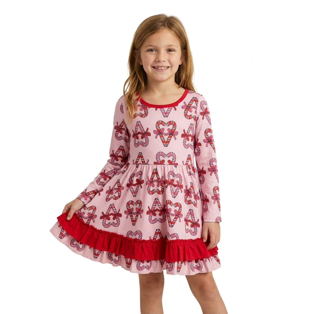 Baby Girls Bows Candy Cane Christmas Ruffle Knee Length Dress