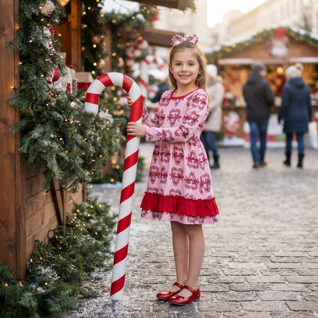 Baby Girls Bows Candy Cane Christmas Ruffle Knee Length Dress