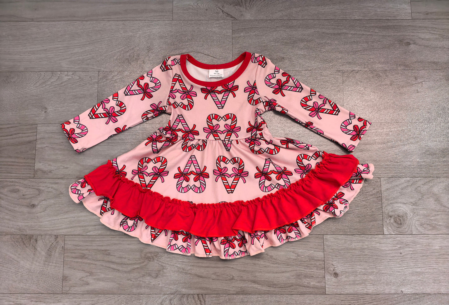 Preorder Baby Girls Bows Candy Cane Christmas Ruffle Knee Length Dress
