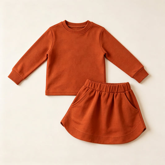 Preorder moq 5 Baby Girls Caramel Long Sleeve Top Pockets Skirt Short Clothes Sets