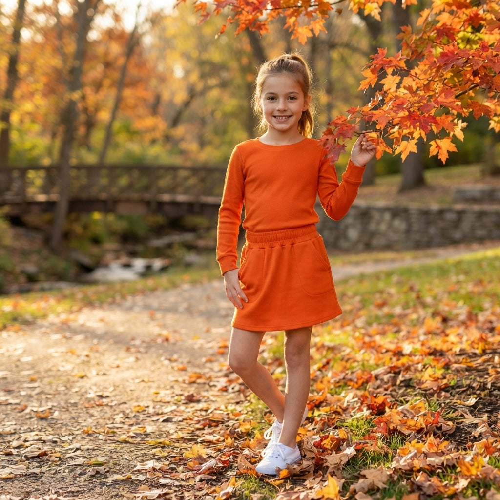 Baby Girls Orange Long Sleeve Shirt Top Pockets Skirt Short Clothes Sets