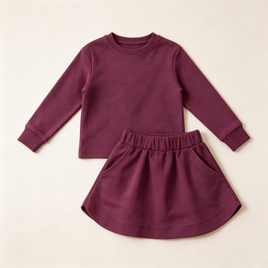 Preorder moq 5 Baby Girls Plum Long Sleeve Top Pockets Skirt Short Clothes Sets
