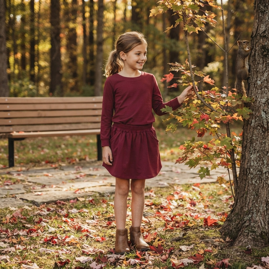 Baby Girls Maroon Long Sleeve Top Pockets Skirt Short Clothes Set