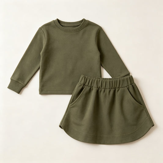 Preorder moq 5 Baby Girls Dark Green Long Sleeve Top Pockets Skirt Short Clothes Sets