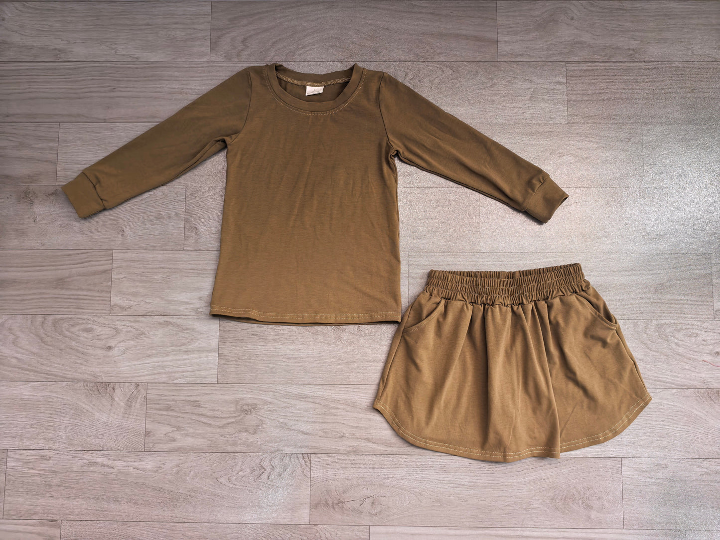 Baby Girls Olive Long Sleeve Top Pockets Skirt Short Clothes Sets Preorder