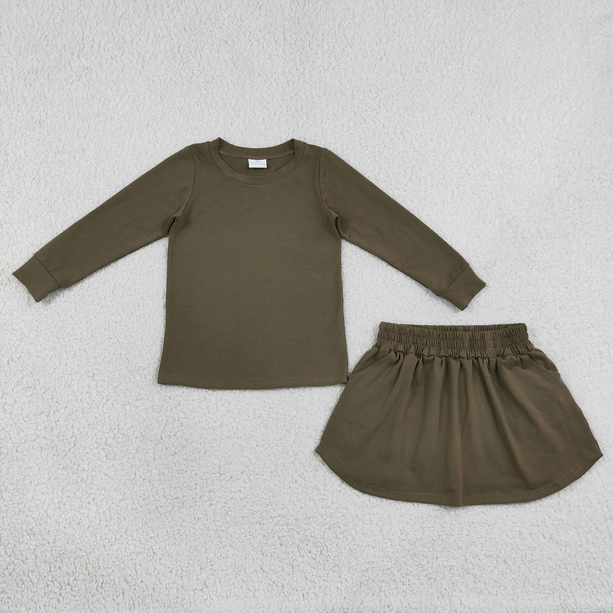 Baby Girls Olive Long Sleeve Shirt Top Pockets Skirt Short Clothes Sets