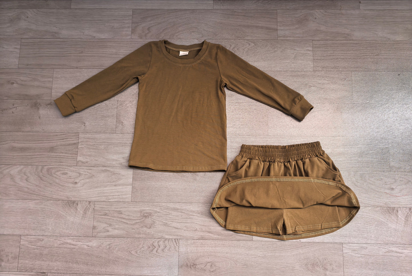 Baby Girls Olive Long Sleeve Top Pockets Skirt Short Clothes Sets Preorder
