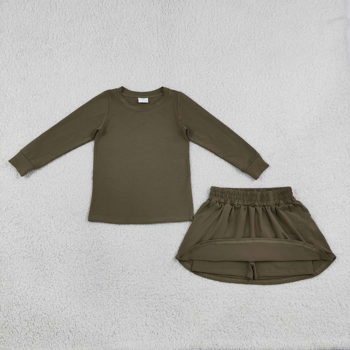 Baby Girls Olive Long Sleeve Shirt Top Pockets Skirt Short Clothes Sets
