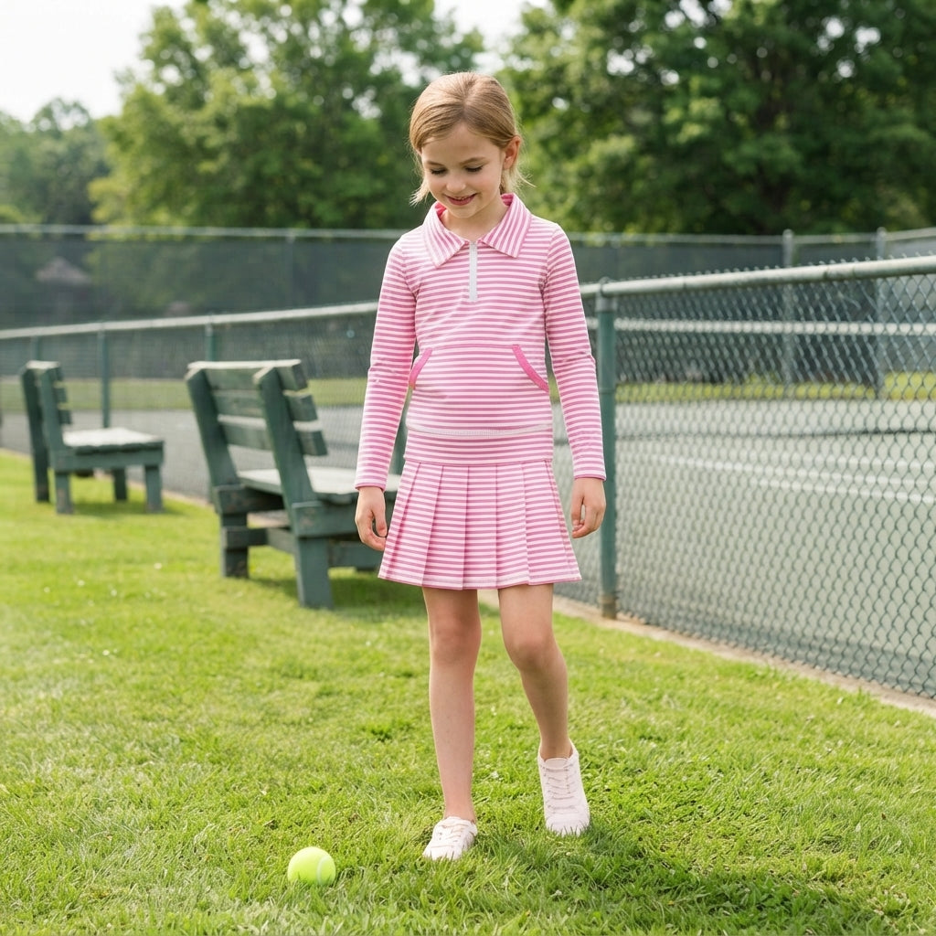 Baby Girls Pink Stripe Pockets Zip Pullovers Pleated Skirt Short Yoga Active Clothes Set