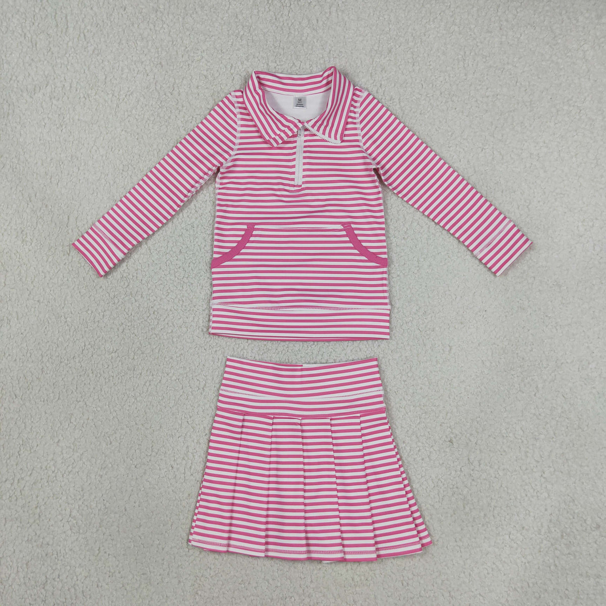 Baby Girls Pink Stripe Pockets Zip Pullovers Pleated Skirt Short Yoga Active Clothes Set