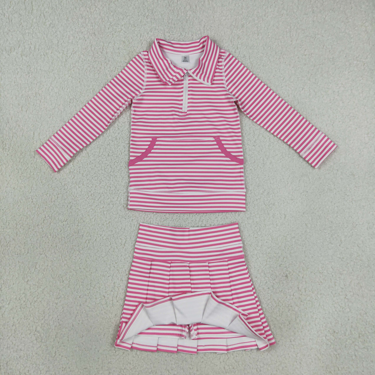 Baby Girls Pink Stripe Pockets Zip Pullovers Pleated Skirt Short Yoga Active Clothes Set