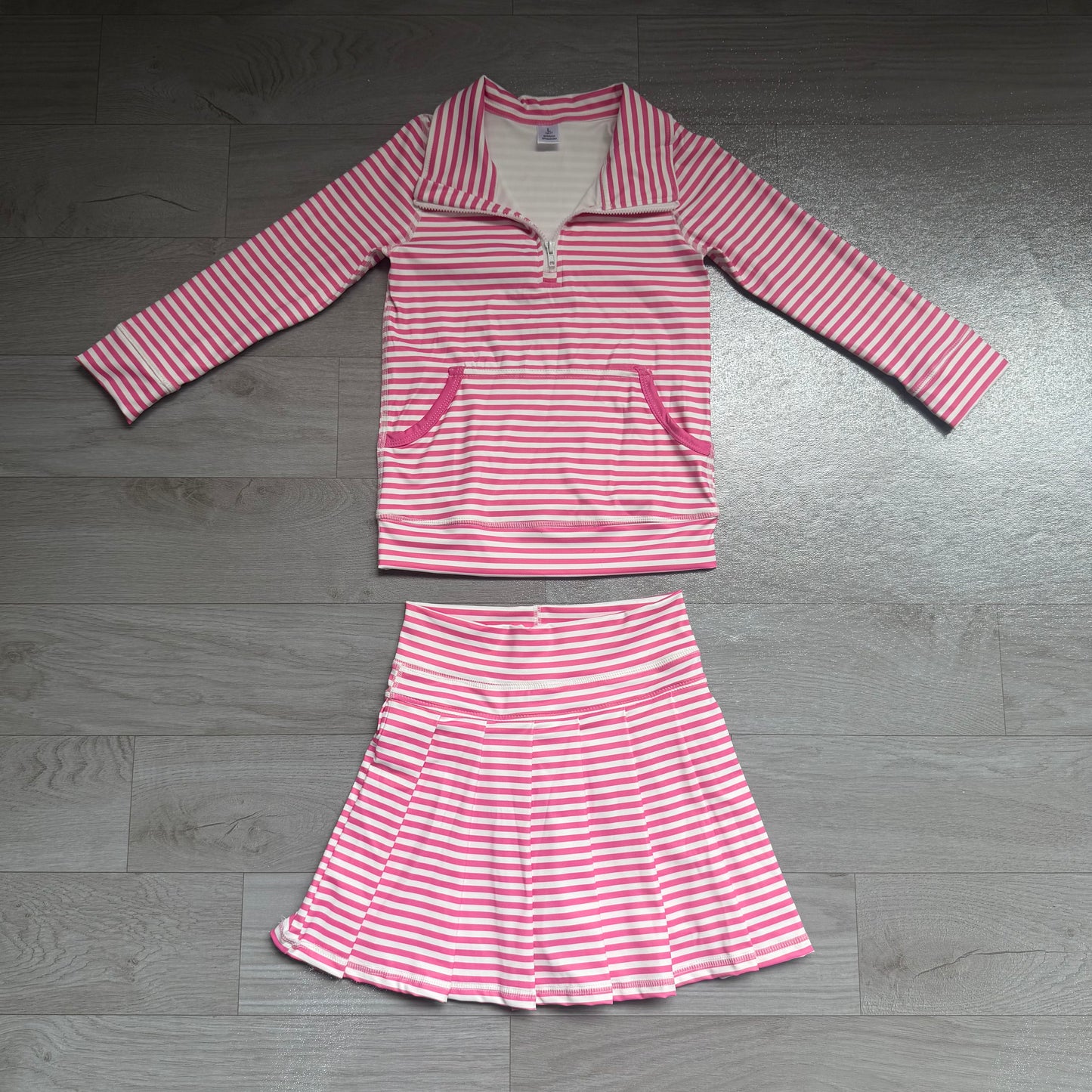 Baby Girls Pink Stripe Pockets Zip Pullovers Pleated Skirt Short Yoga Active Clothes Set Preorder