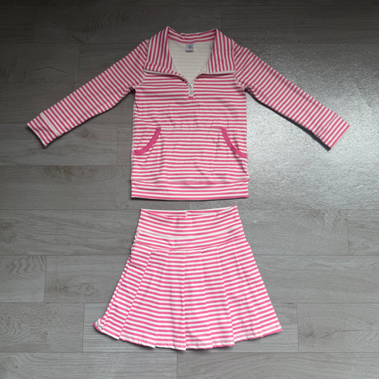 Baby Girls Pink Stripe Pockets Zip Pullovers Pleated Skirt Short Yoga Active Clothes Set Preorder