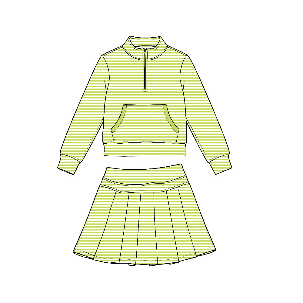 Preorder moq 5 Baby Girls Green Stripe Pockets Zip Pullovers Pleated Skirt Short Yoga Active Clothes Set