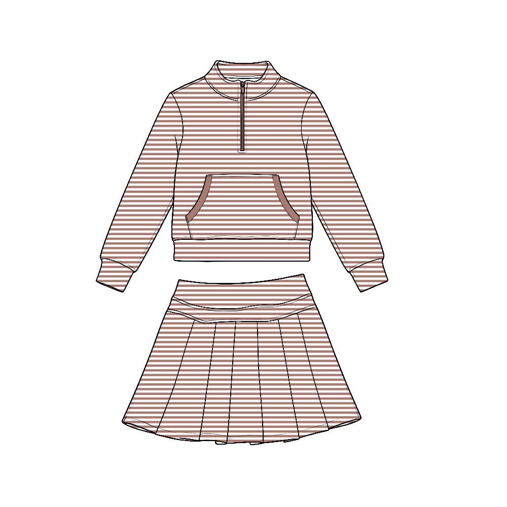 Preorder moq 5 Baby Girls Khaki Stripe Pockets Zip Pullovers Pleated Skirt Short Yoga Active Clothes Set