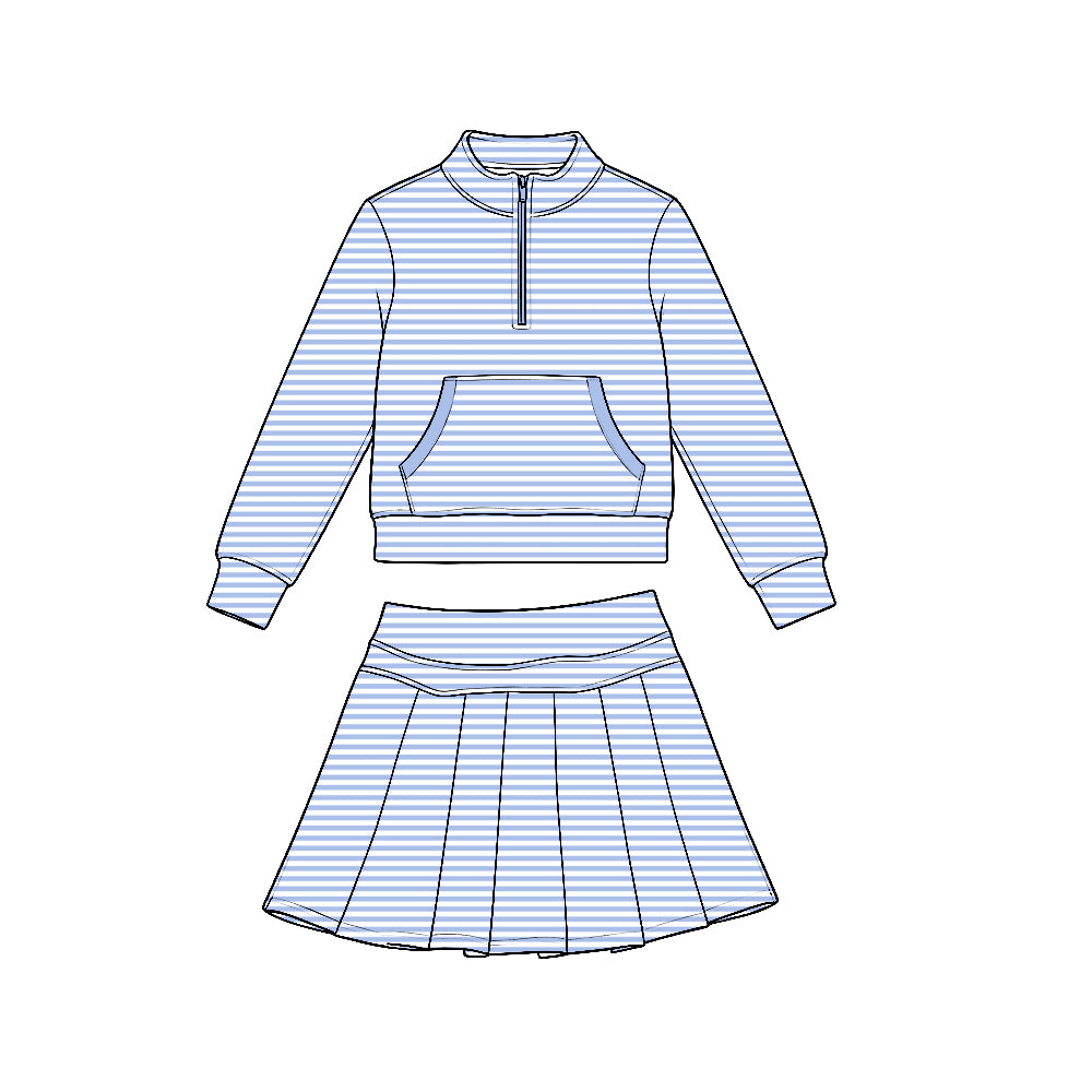 Preorder moq 5 Baby Girls Blue Stripe Pockets Zip Pullovers Pleated Skirt Short Yoga Active Clothes Set