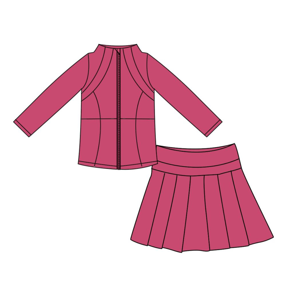 Preorder moq 5 Baby Girls Hot Pink Zip Jacket Pleated Skirt Short Yoga Active Clothes Set