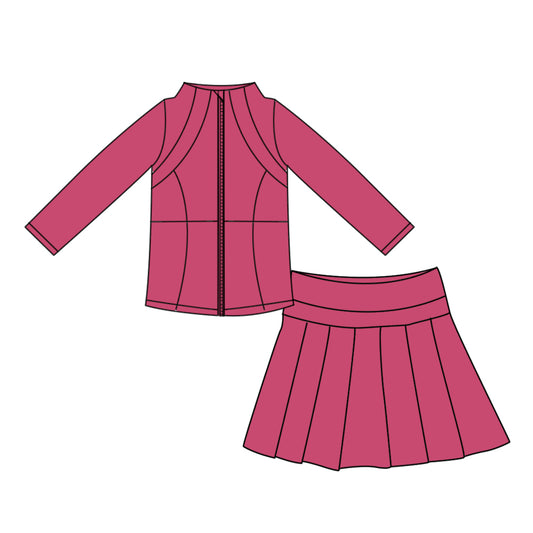 Preorder moq 5 Baby Girls Hot Pink Zip Jacket Pleated Skirt Short Yoga Active Clothes Set