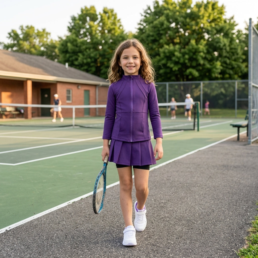 Baby Girls Purple Zip Jacket Pleated Skirt Short Yoga Active Clothes Set