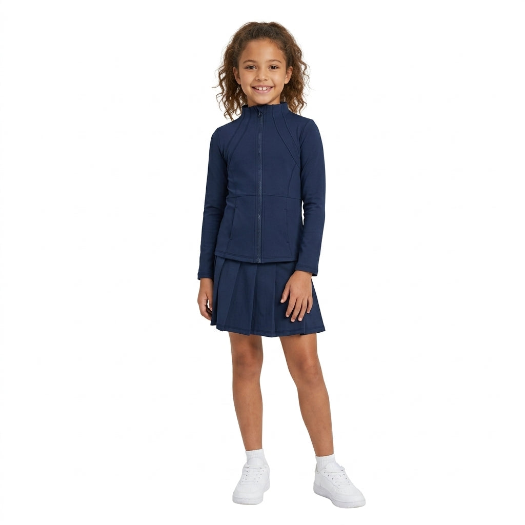 Baby Girls Navy Zip Pockets Jacket Top Pleated Skirt Short Yoga Active Clothes Set