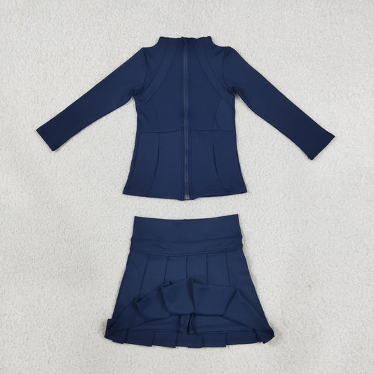 Baby Girls Navy Zip Pockets Jacket Top Pleated Skirt Short Yoga Active Clothes Set