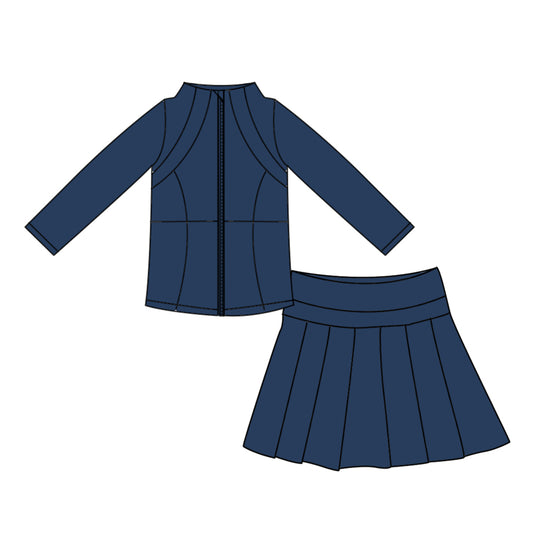 Preorder moq 5 Baby Girls Navy Zip Jacket Pleated Skirt Short Yoga Active Clothes Set