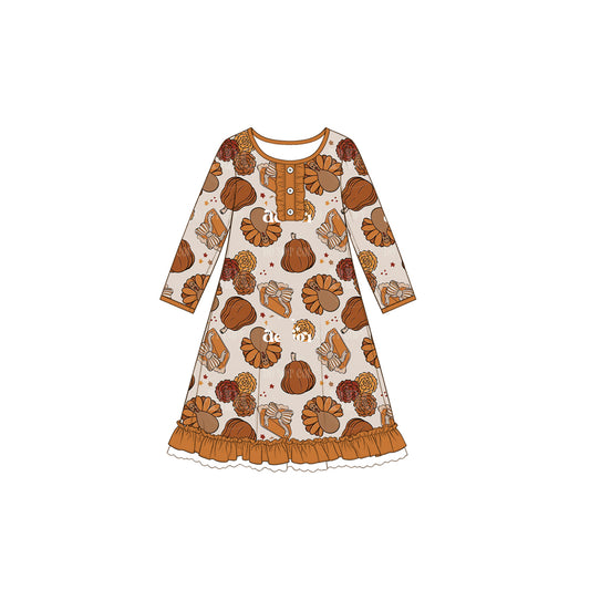 Preorder moq 5 Baby Girls Pumpkins Turkey Button Ruffle Thanksgivings Knee Length Dress
