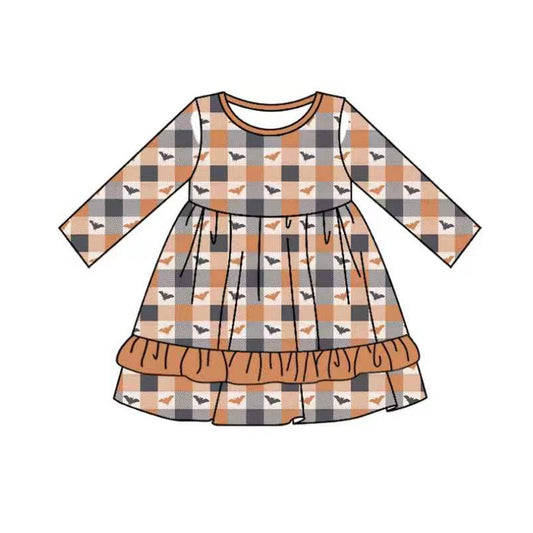 Baby Girls Bats Checked Ruffle Halloweens Knee Length Dress Preorder