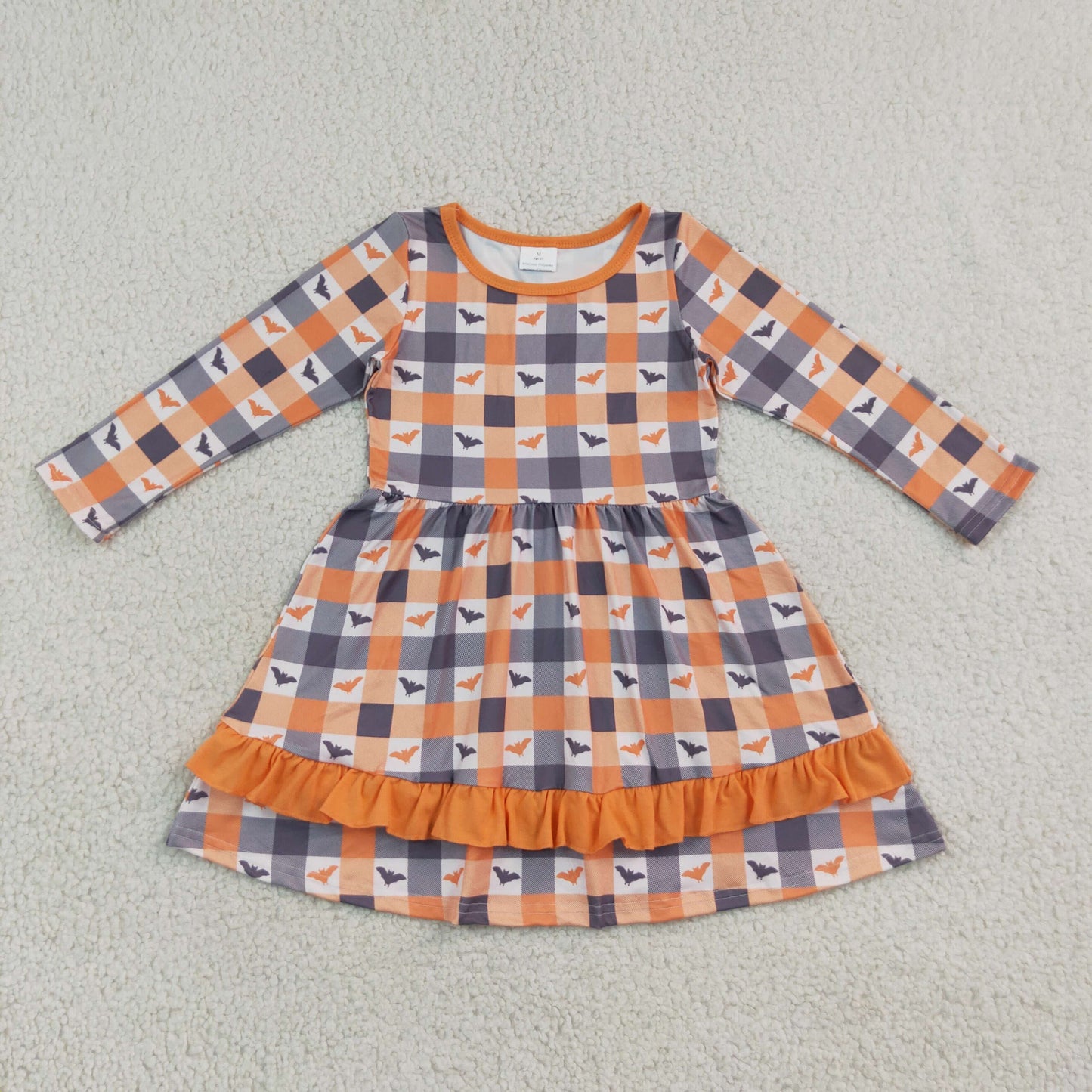 Baby Girls Bats Checked Ruffle Halloweens Knee Length Dress
