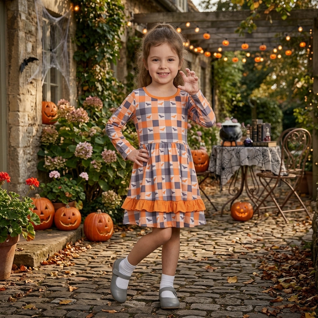 Baby Girls Bats Checked Ruffle Halloweens Knee Length Dress