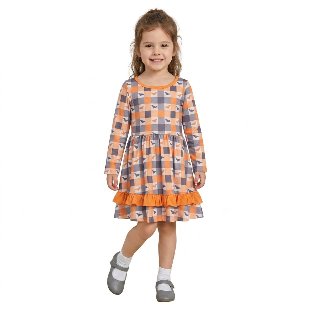 Baby Girls Bats Checked Ruffle Halloweens Knee Length Dress