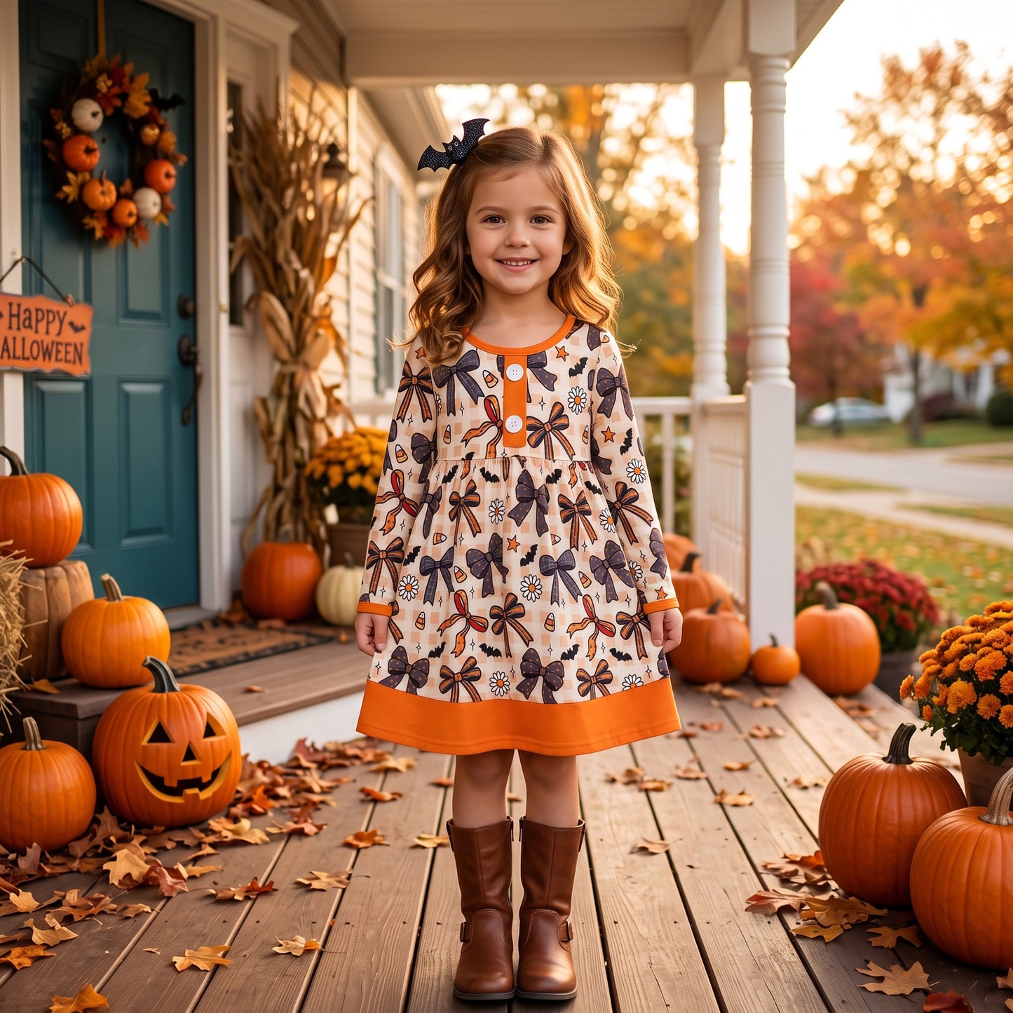 Baby Girls Flowers Bats Button Halloweens Ruffle Knee Length Dress