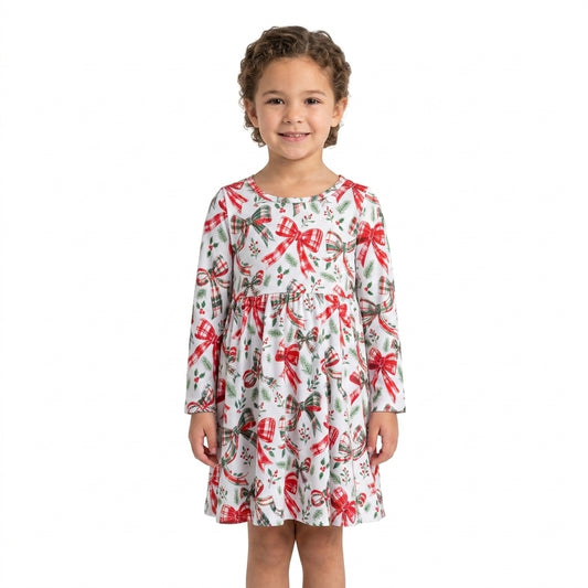 Baby Girls Green Red Checked Bows Flowers Christmas Knee Length Dress