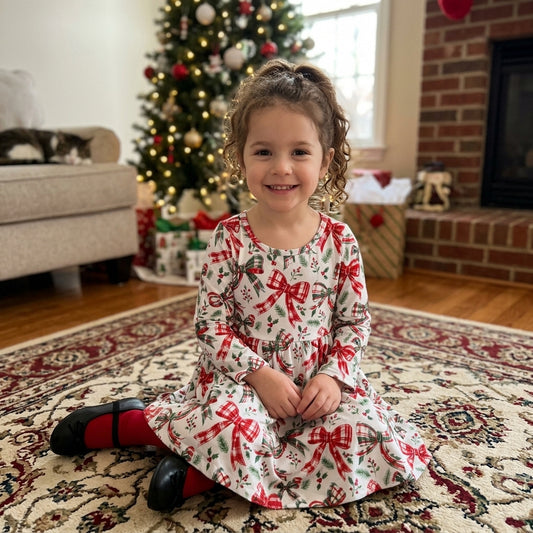 Baby Girls Green Red Checked Bows Flowers Christmas Knee Length Dress