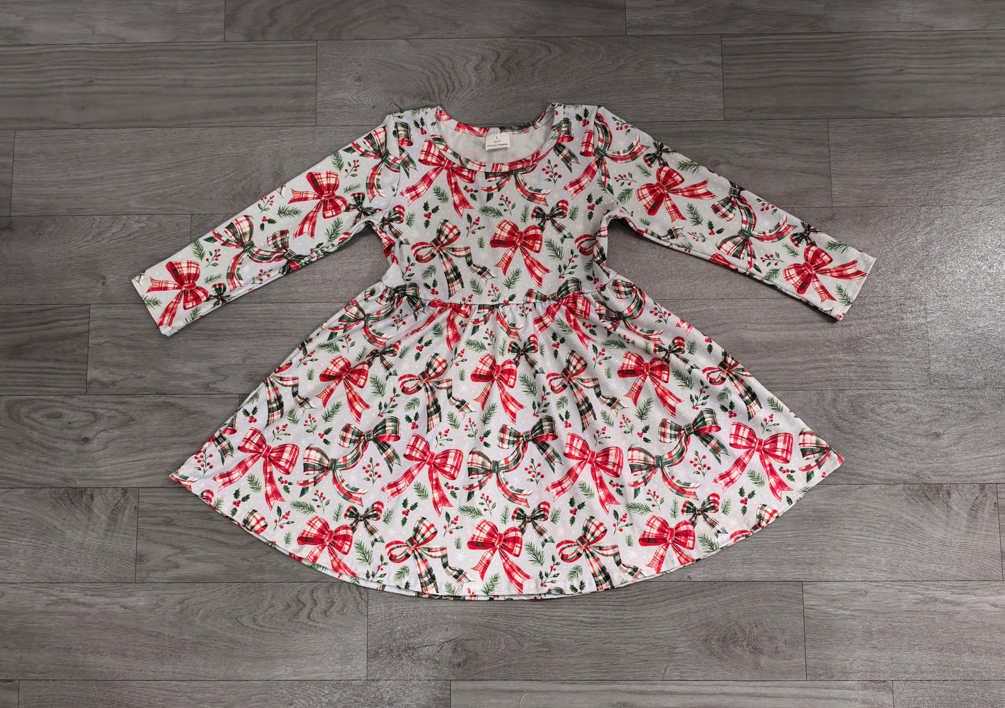 Baby Girls Green Red Checked Bows Flowers Christmas Knee Length Dress Preorder