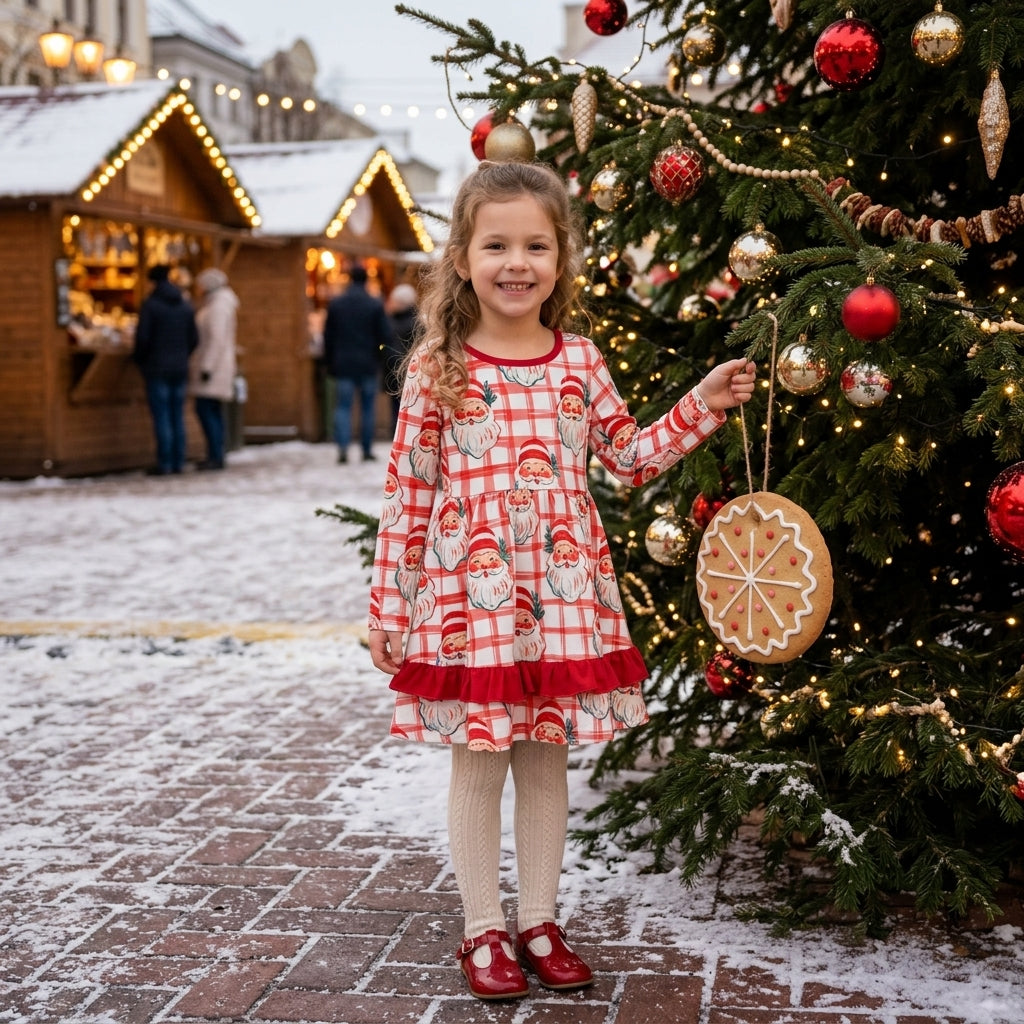 Baby Girls Red Checked Santa Ruffle Christmas Knee Length Dress