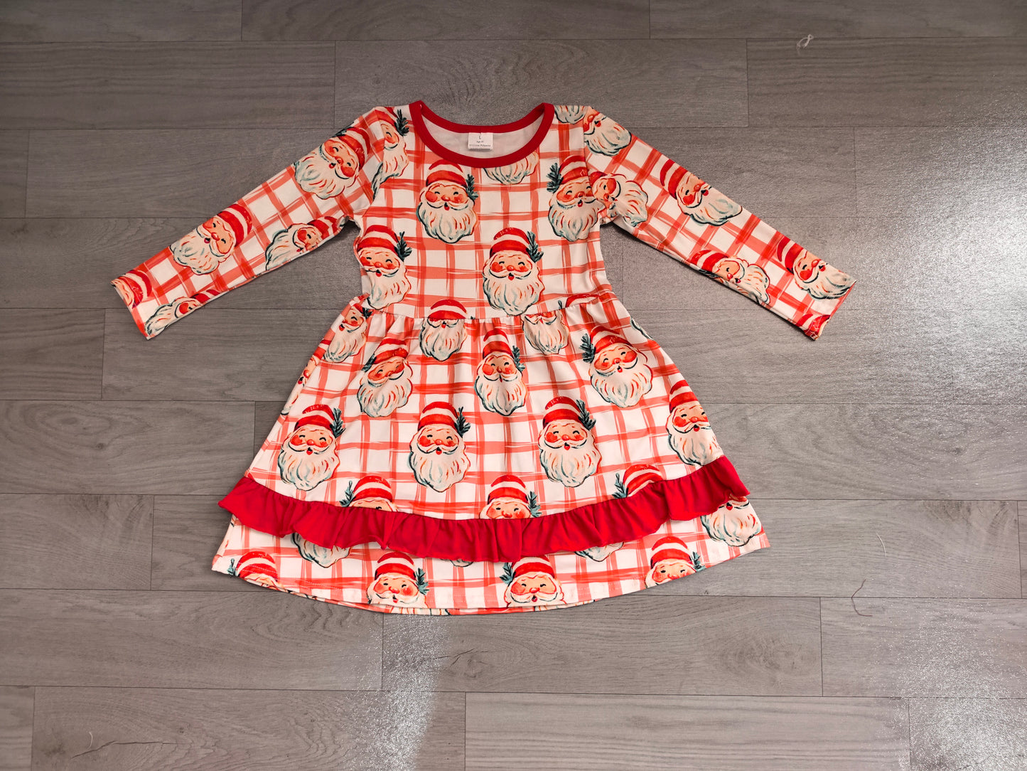 Baby Girls Red Checked Santa Ruffle Christmas Knee Length Dress Preorder